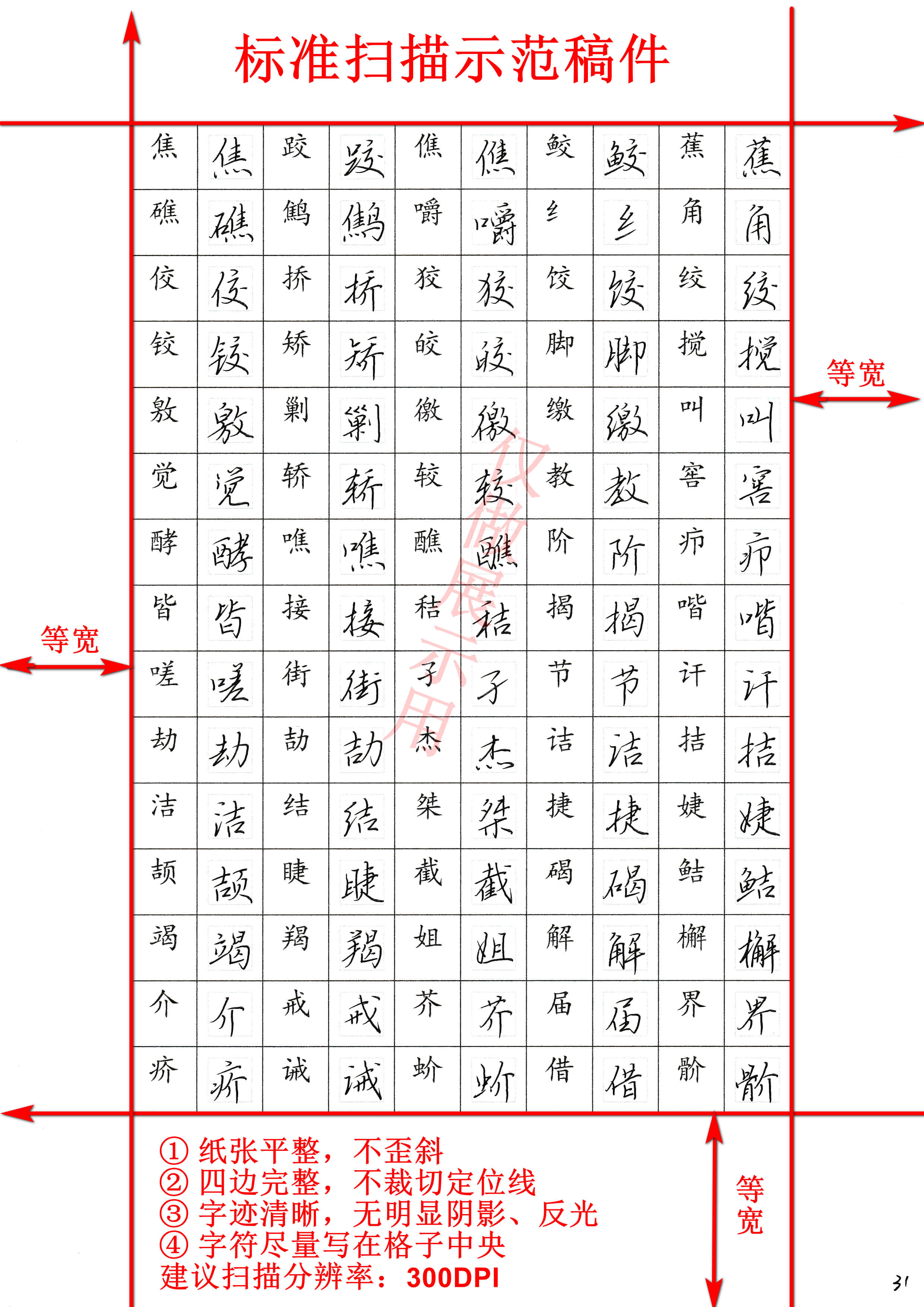 CJK 纸质扫描标准示例：字格完整、扫描端正、画面清晰