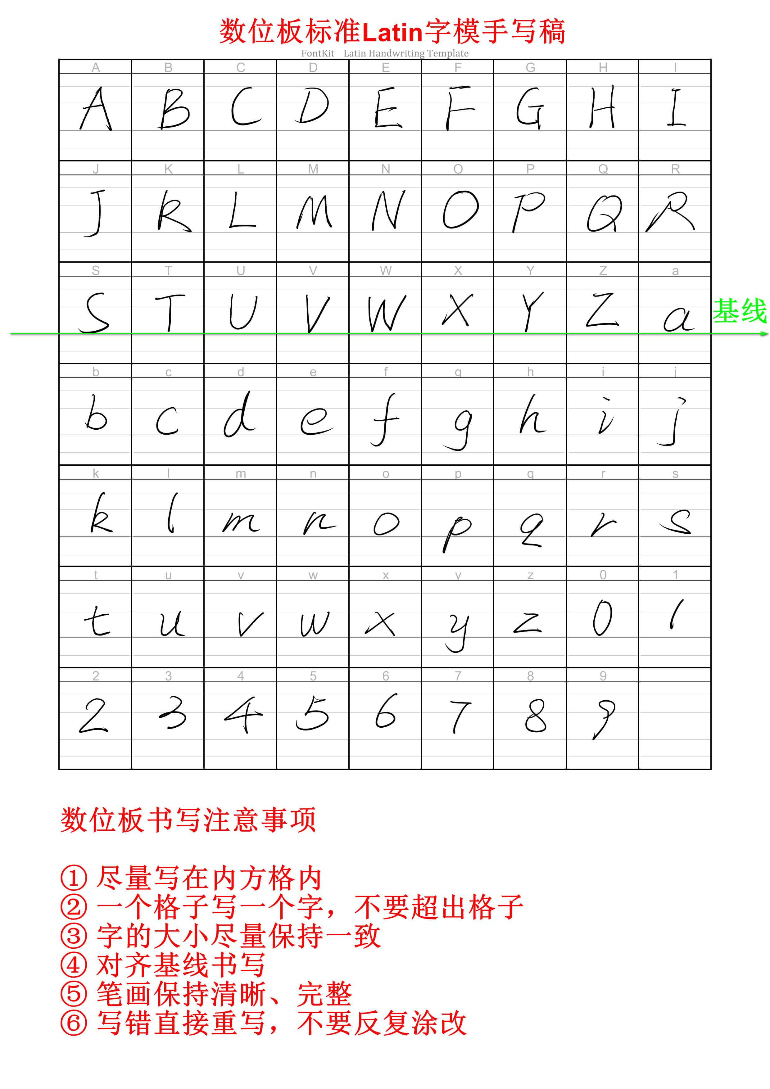 Latin 数位板标准示例：按参考线控制基线、x-height、升部和降部